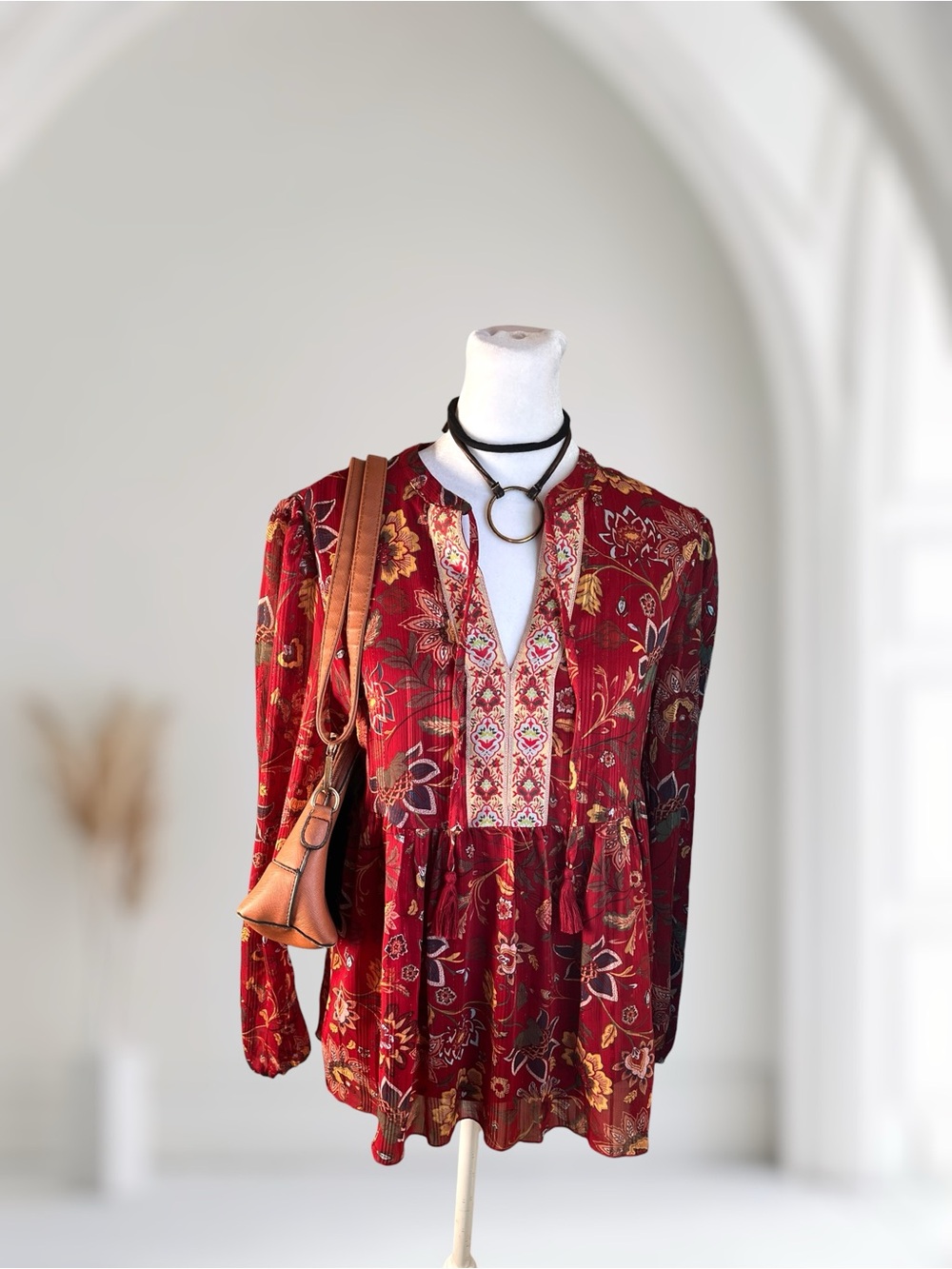 Cato Red Floral Boho Peasant Blouse